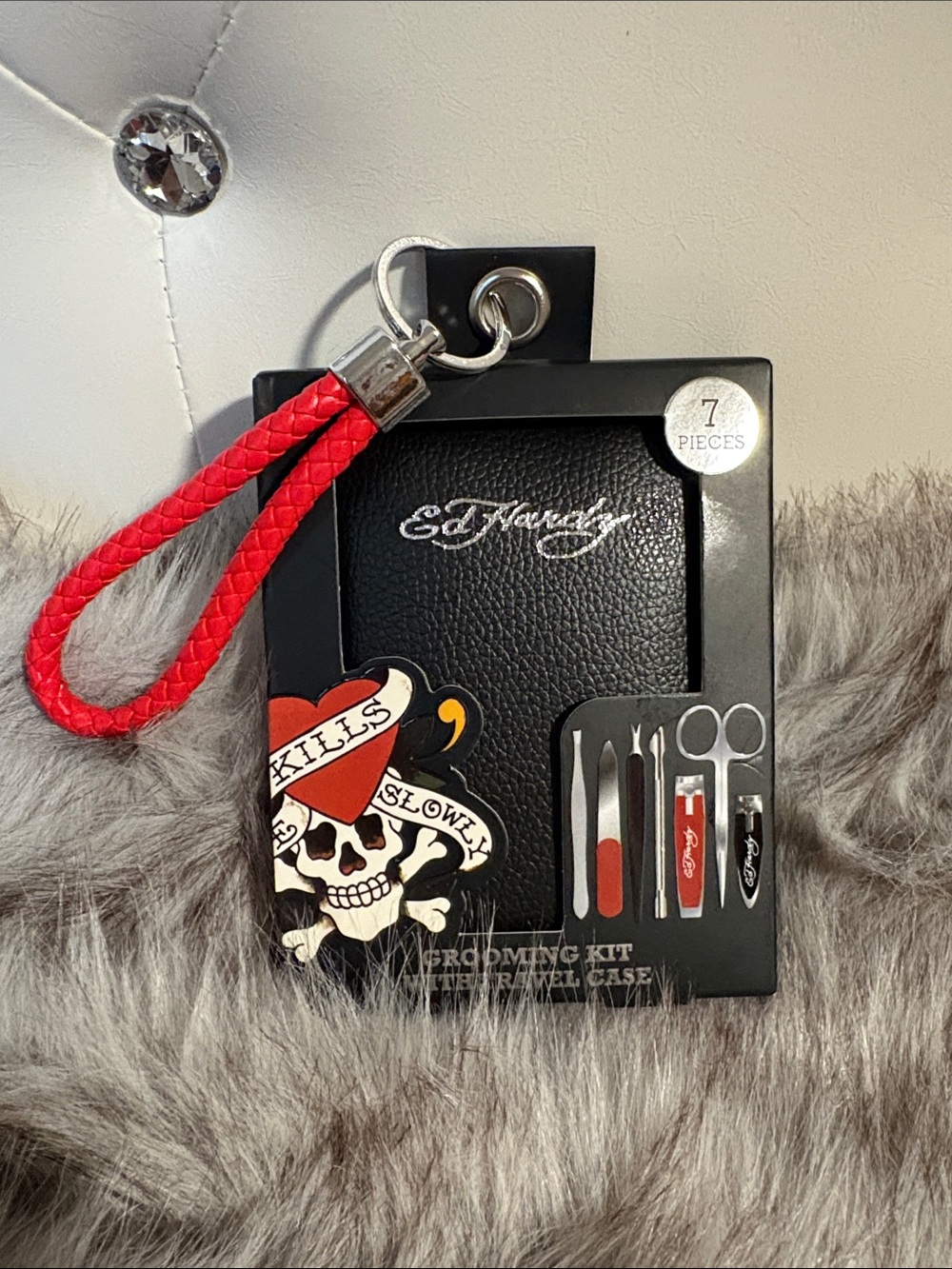 Ed Hardy Black Travel Grooming Kit with Red Braided Strap